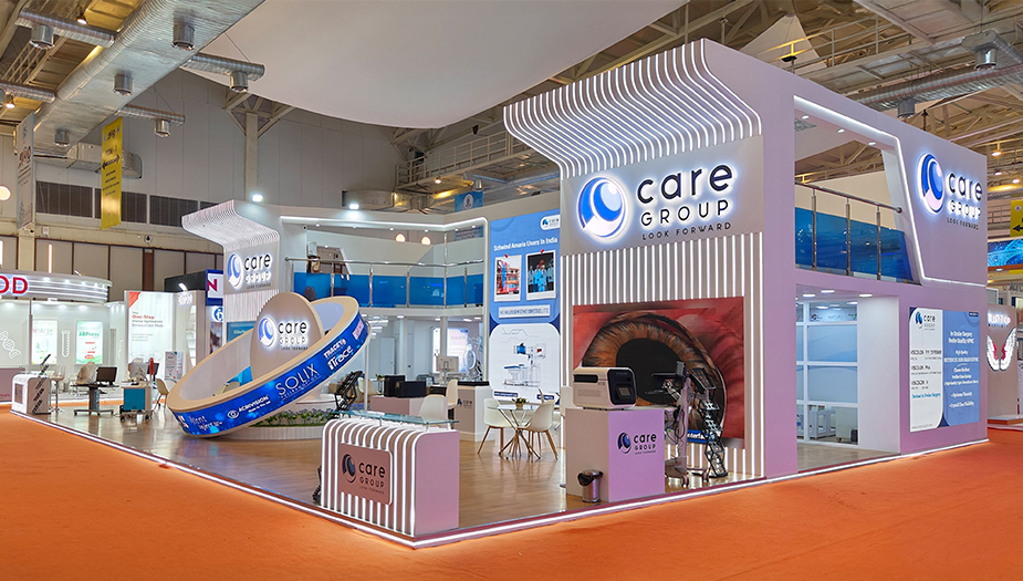 Care Group’s dynamic event booth at AIOC 2024, designed by Radical Concepts & Events LLP